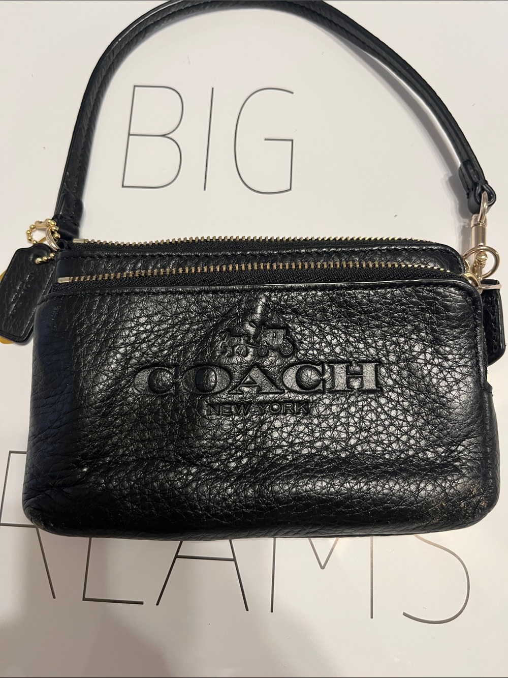 Coach Black Pebbled Leather Double Zip Wristlet with Logo
